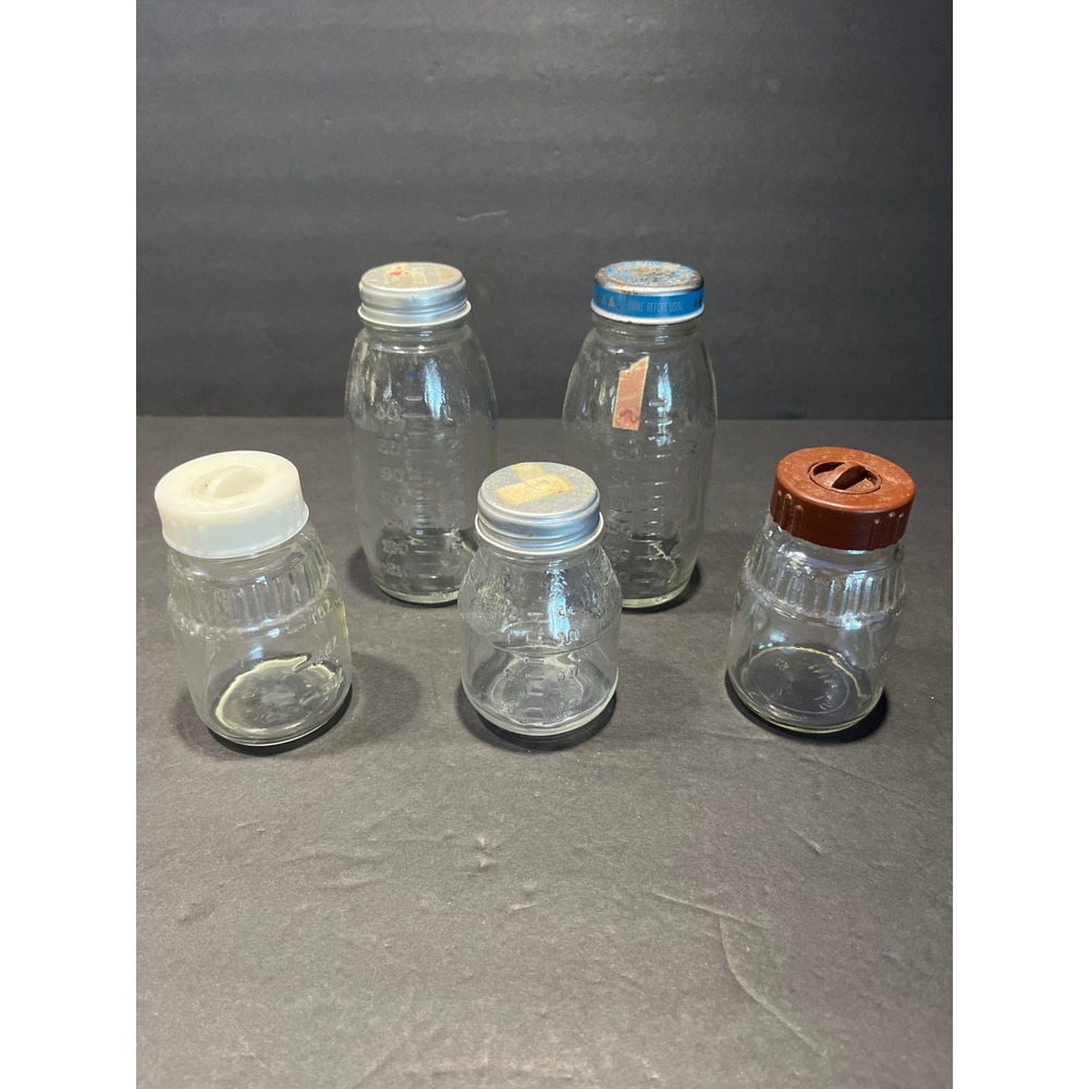 Vintage Glass Baby Bottle Lot 5pc Embossed Measurements Evenflo Pyrex Decor